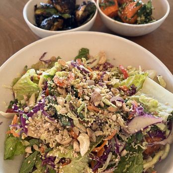 Flower Child - Ginger Miso Crunch with a side of Roasted Brussels Sprouts and Red Chile Glazed Sweet Potatoes - Salad Near Me - Tucson, Arizona