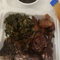 Jerk chicken, rice, collard greens, plantains and black beans Jerk chicken, rice, collard greens, plantains and black beans