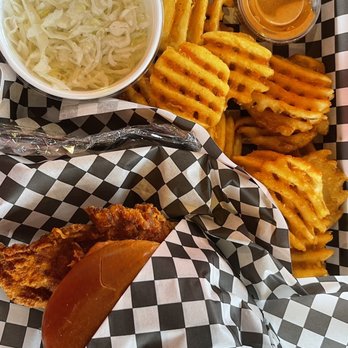 Hangry Joe's Hot Chicken - Sando & Fries Combo 1 with slaw on side not on burger - New American Near Me - Dallas, Texas Hangry Joe's Hot Chicken - Sando & Fries Combo 1 with slaw on side not on burger - New American Near Me - Dallas, Texas