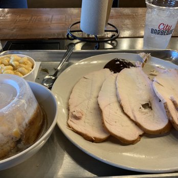 City Barbeque - Smoked Turkey, Mac and cheese and preach cobbler. Fantastic!  Loved the Sweet sauce. - Barbeque Near Me - Lafayette, Indiana