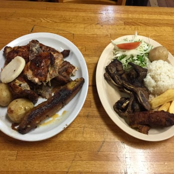 Brasa Roja - Whole rotisserie chicken served with potato, corn pancake, and plantain. Char-broiled beef ribs served with rice, potato, casava and salad. - Latin American Near Me - Chicago, Illinois Brasa Roja - Whole rotisserie chicken served with potato, corn pancake, and plantain. Char-broiled beef ribs served with rice, potato, casava and salad. - Latin American Near Me - Chicago, Illinois