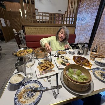 Corner Dumpling House - Here was our spread...look how beautiful the green veggie dumplings are in the right bottom. Pat is reaching for the fried pumpkin...yummy! - Pan Asian Near Me - Cincinnati, Ohio