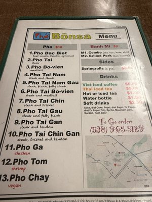Menu photo 1 Pho Bonsa Chico, CA