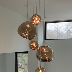 TLC Lighting Pros - 2 large & 3 small sphere-like fixtures hanging from a single canopy, 22-feet high ceiling.