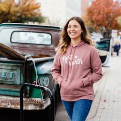 Fort Worth Locals - Woman in pink Fort Worth hoodie