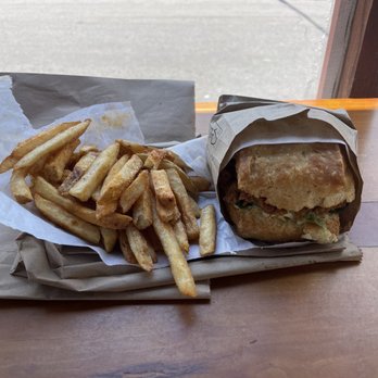 Bird Bird Biscuit - The Firebird Chicken Sandwich with Fries - Breakfast & Brunch Near Me - Austin, Texas