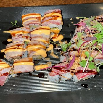 O-Ku - Tuna Tataki Roll (left) and Surf & Turf Roll (right) - Sushi Bars Near Me - Charleston, South Carolina