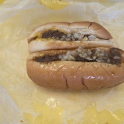 NY System Hot Weiners "all the way" with mustard, meat sauce, celery salt and raw onion
