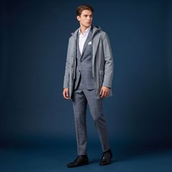 Tom's Place - A beautiful window pane blue gray suit with casual open neck, white shirt and matching pocket square is paired with a soft topcoat for fall.