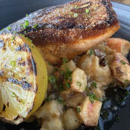 Crispy Salmon with bacon lobster hash Crispy Salmon with bacon lobster hash