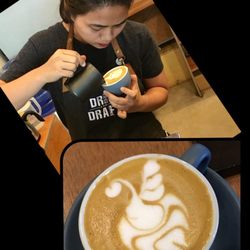 Drip and Draft - Latte- Excellent!  Master barista doing what she does best. Design is an 'Inverted Swan'