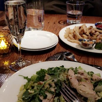 Beatrix - Chicken Caesar salad, Giuliana Prosecco, and burger with fries. - New American Near Me - Chicago, Illinois Beatrix - Chicken Caesar salad, Giuliana Prosecco, and burger with fries. - New American Near Me - Chicago, Illinois