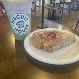 Iced CherryBlossomMatcha and white chocolate raspberry scone.