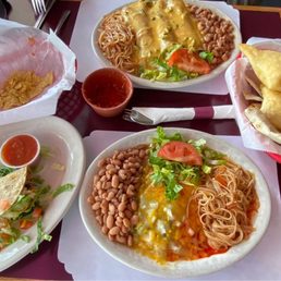 Shredded beef taco, Christmas flat cheese enchilada plate, queso enchiladas, he devoured them!  And the so yummy fideo!