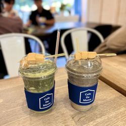 Cafe De Mama - green forest mochi latte, Black Sesame Cream Latte