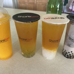 Iced mango, peach kiwi fruit tea, mango green tea with lychee jelly, iced Oreo with boba Iced mango, peach kiwi fruit tea, mango green tea with lychee jelly, iced Oreo with boba