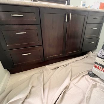 FM Quality Painting & Decorating - Before: bathroom vanity cabinet prep. Getting ready for stain and clear coat protection. Final result coming soon. - Painters Near Me - San Rafael, California FM Quality Painting & Decorating - Before: bathroom vanity cabinet prep. Getting ready for stain and clear coat protection. Final result coming soon. - Painters Near Me - San Rafael, California
