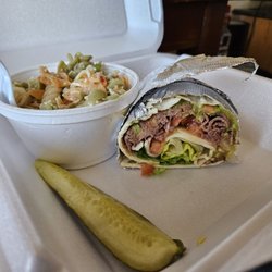 Hello Deli - This is a delicious Roast beef wrap with quacamole. Side of the pasta salad.
