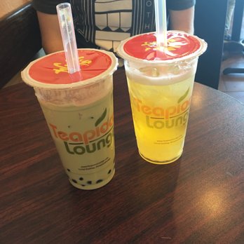 Teapioca Lounge - Matcha Milk Tea with boba and White Peach tea with lychee bursters. Yum! - Coffee & Tea Near Me - Austin, Texas Teapioca Lounge - Matcha Milk Tea with boba and White Peach tea with lychee bursters. Yum! - Coffee & Tea Near Me - Austin, Texas