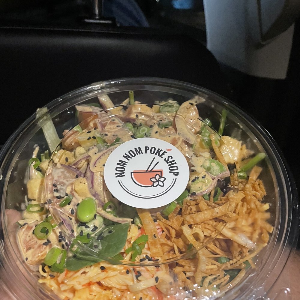 Nom Nom Poké Shop - Krab salad, Salmon, crispy wonton, edamame, onion in a creamy tagarashi sauce - Japanese Near Me - Savannah, Georgia