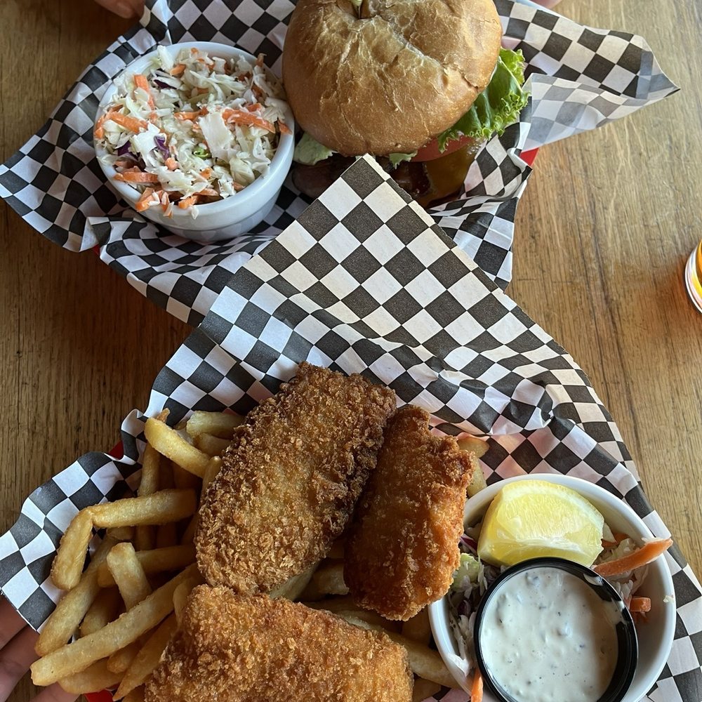 The Lower Tavern - fish and chips and the og burger with coleslaw - American Near Me - Eastsound, Washington The Lower Tavern - fish and chips and the og burger with coleslaw - American Near Me - Eastsound, Washington