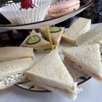 Bella's Tea Room - Ham egg cucumber and chicken salad sandwich's raspberry cheesecakes brownie and macrons - Tea Rooms Near Me - Havre de Grace, Maryland