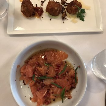 Fig & Olive - Salmon crudo and croquette sampler - French Near Me - Houston, Texas Fig & Olive - Salmon crudo and croquette sampler - French Near Me - Houston, Texas