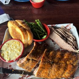 half rack ribs, brisket, jalapeño cream corn, green beans