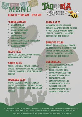Menu photo 1 Taqueria McBee McBee, SC