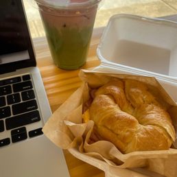 Honey Matcha w strawberry foam, ham and cheese croissant Honey Matcha w strawberry foam, ham and cheese croissant