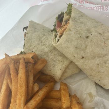 Cafe Orleans - Another picture of the Cajun salmon wrap with their Cajun fries, which were the best - Cajun/Creole Near Me - Raleigh, North Carolina