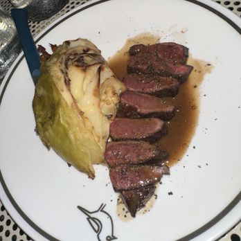 Birdie's - Minute steak with smoked cabbage and a sauce of beef and re wine $36 - French Near Me - Austin, Texas Birdie's - Minute steak with smoked cabbage and a sauce of beef and re wine $36 - French Near Me - Austin, Texas