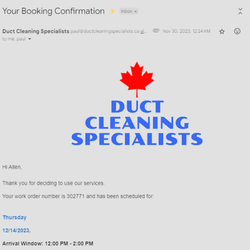 The Duct Cleaning Specialists - first booking confirmation
