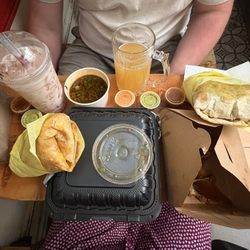 Birria burrito, carne asada & carnitas mega burrito, strawberry horchata