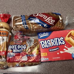 Bagels, sliced bread, hot dog buns, strawberry cookies