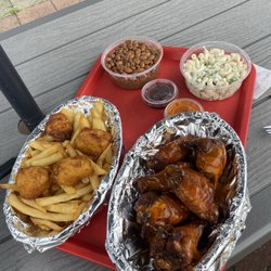 Wings, nuggs, Mac salad, beans
