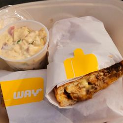 The Grub's On Wheels - "Mighty meat melt" with pulled pork, also potato salad.
