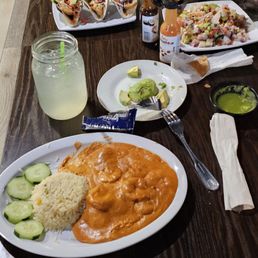 Camarones Chipotle, Ceviche de Pescado, fish tacos. Camarones Chipotle, Ceviche de Pescado, fish tacos.