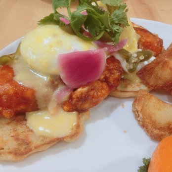 Morning Tide Eatery - Twice Cooked Pork Belly Benny $17.75 (Fried bread and pork belly smothered in a sweet spicy sticky sauce) - Breakfast & Brunch Near Me - Coquitlam, British Columbia