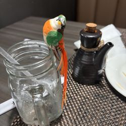 My bird clip on my water glass (I got excited and forgot to take pics of the food)