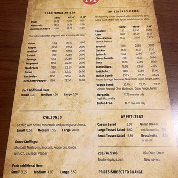 Modern Apizza - Menu - September 2025 - Pizza Near Me - New Haven, Connecticut