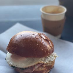 Rose Market - Breakfast sandwich and cappuccino.