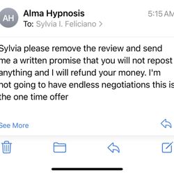 Alex The Hypnotist - An email requesting me to remove my legitimate review in exchange for a refund.