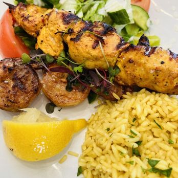 The Olive Restobar - Chicken and grilled shrimp kabob plate - Mediterranean Near Me - Downey, California