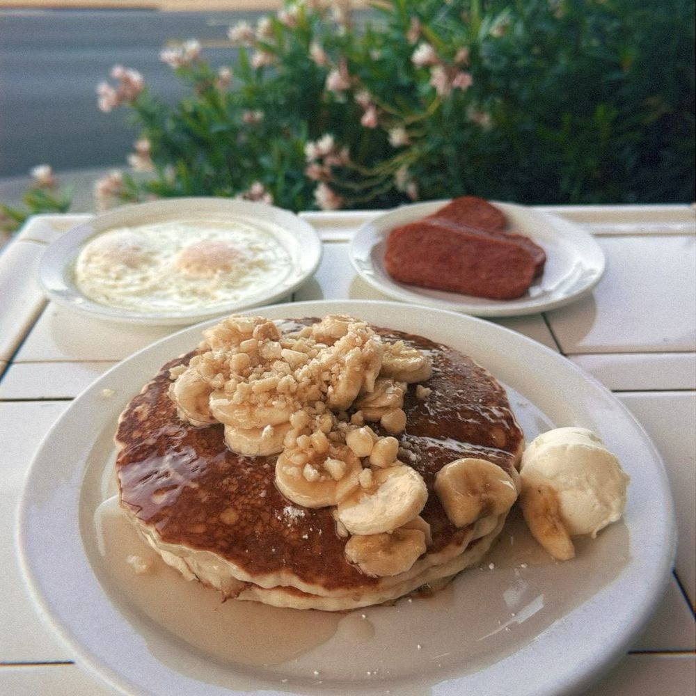 Kihei Caffe - Banana macadamia nut pancakes, eggs over easy, spam - Hawaiian Near Me - Kihei, Hawaii