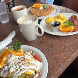 Breakfast Green Chilaquiiles Avocaodo Toast & waffles with eggs Breakfast Green Chilaquiiles Avocaodo Toast & waffles with eggs