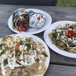 The Drunken Rooster - Breakfast burrito, mushroom biscuits and gravy and Chilaquiles