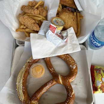 George's Lighthouse Cafe - a pretzel, fried chicken, fries, and soda - American Near Me - Montauk, New York George's Lighthouse Cafe - a pretzel, fried chicken, fries, and soda - American Near Me - Montauk, New York