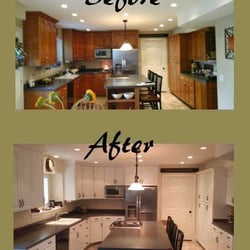 The Painters Brush - We specialize in Cabinet Refinishing.  We painted this kitchen cabinets from an oak color to white.