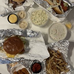 Heavy hitter hot dog, mozz sticks, Mac salad, cole slaw, bacon cheeseburger, pit beef/turkey sandwich and fries